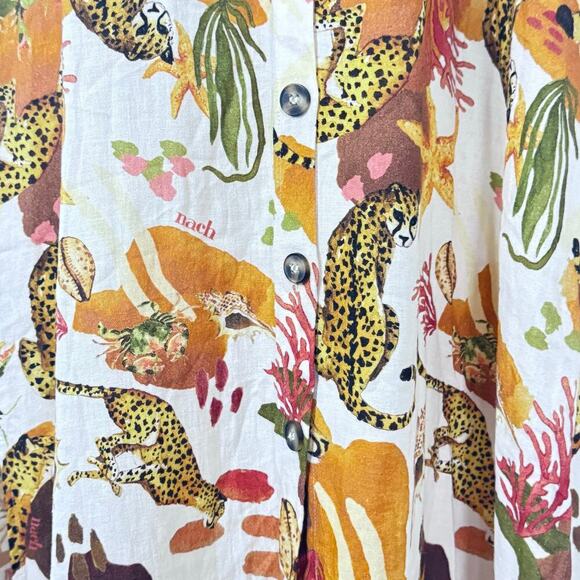 Nach Bijoux Earth Hand Painted Midi Dress Button Front Linen Blend Women's  Sz S - Picture 11 of 14